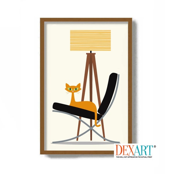 Mid Century Modern Art, Cat Lover Gift, Orange Cat Art Print, Modern Floor Lamp, 11x17 Print, Barcelona Chair, Living Room Wall Art