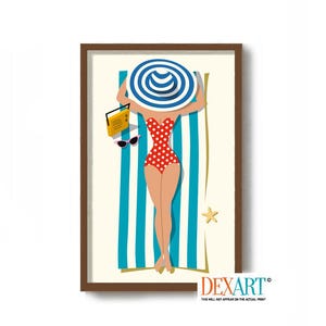 May include: A woman in a red and white polka dot swimsuit is lying on a blue and white striped beach towel. She is wearing a blue and white striped sun hat and sunglasses. A yellow radio is on the towel next to her.