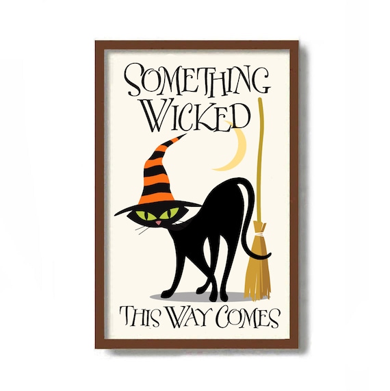 Halloween Cat Art Print, Black Cat Lover Gift, Mid Century Modern Art, Halloween Decor, Witches Broom, Party Decoration, Halloween Witch Hat