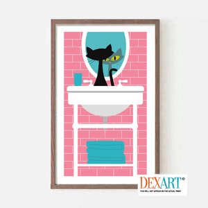 Cat Art Print Bathroom Decor, Wash Your Hands, Black Cat, Laundry Room Decor, Mid Century Modern Wall Art, Bath Sign, Cat Lover Gift