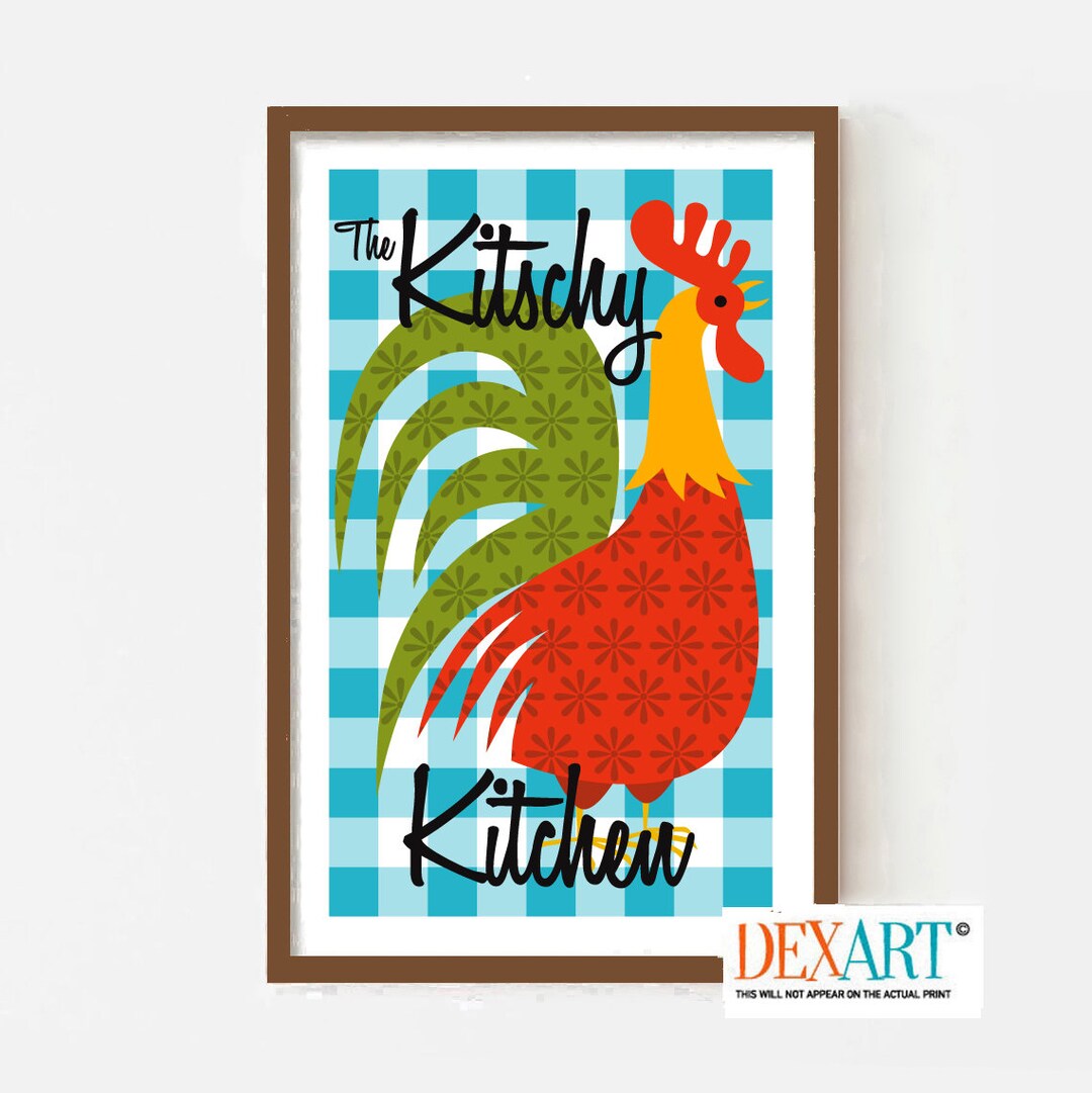 Rooster Kitchen Kitsch Decor, Mid Century Modern Kitchen Art Print