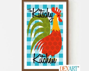 Rooster Kitchen Kitsch Decor, Mid Century Modern Kitchen Art Print, Kitschy Wall Art, Gingham Pattern, Retro Kitchen Chef Loves to Cook