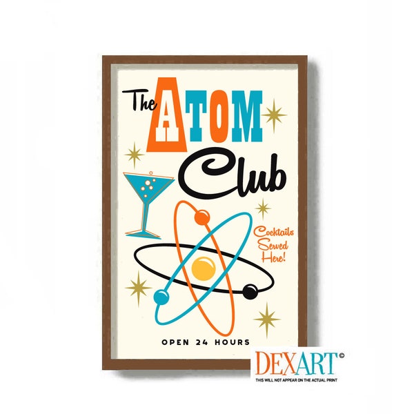 Retro Atomic Cocktail Art Print, Signature Cocktail Poster, Unique Bar Gifts, Mid Century Modern Art Martini Glass, Bartender Wall Art Gift