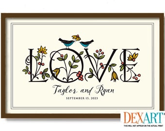 Couples Wedding Gift Love Sign, Unique Wedding Art Print, Bride and Groom, Mr and Mrs Wedding Gift, Personalized Love Birds Wall Decor