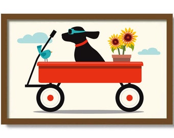 Black Lab Gardening Art Print, Little Red Wagon, Mid Century Modern Wall Art, Dog Art Print, Labrador Retriever, Dog Lover Gift