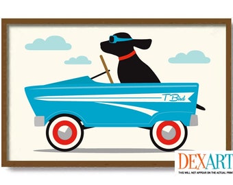 Little Man Cave Decor, Black Lab, Mid Century Modern Wall Art Print, Toy Pedal Car, Dog Art Print Labrador Retriever Dog Lover Gift Boys Car