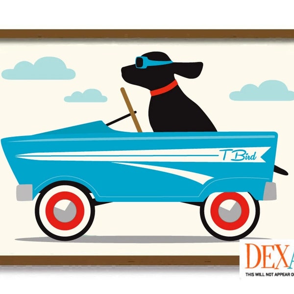Little Man Cave Decor, Black Lab, Mid Century Modern Wall Art Print, Toy Pedal Car, Dog Art Print Labrador Retriever Dog Lover Gift Boys Car