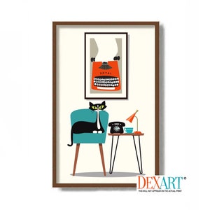 May include: A black cat sits in a teal blue armchair with a red typewriter poster on the wall behind it. A vintage rotary phone and a lamp are on a small table with black metal legs.