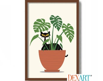 Cat Art Print, Monstera Plant, Mid Century Modern Art, Black Cat Lover Gift, Tropical Decor, Minimalist Wall Art, Black Cat Art