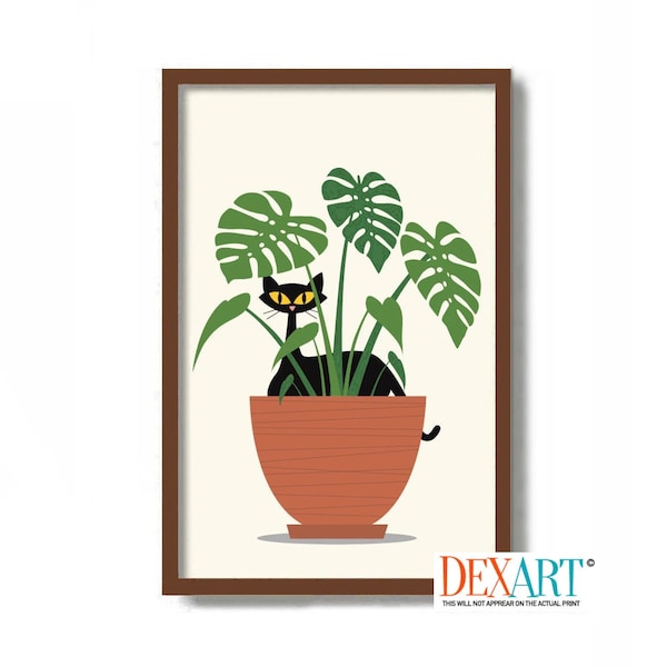 Cat Art Print, Monstera Plant, Mid Century Modern Art, Black Cat Lover Gift, Tropical Decor, Minimalist Wall Art, Black Cat Art