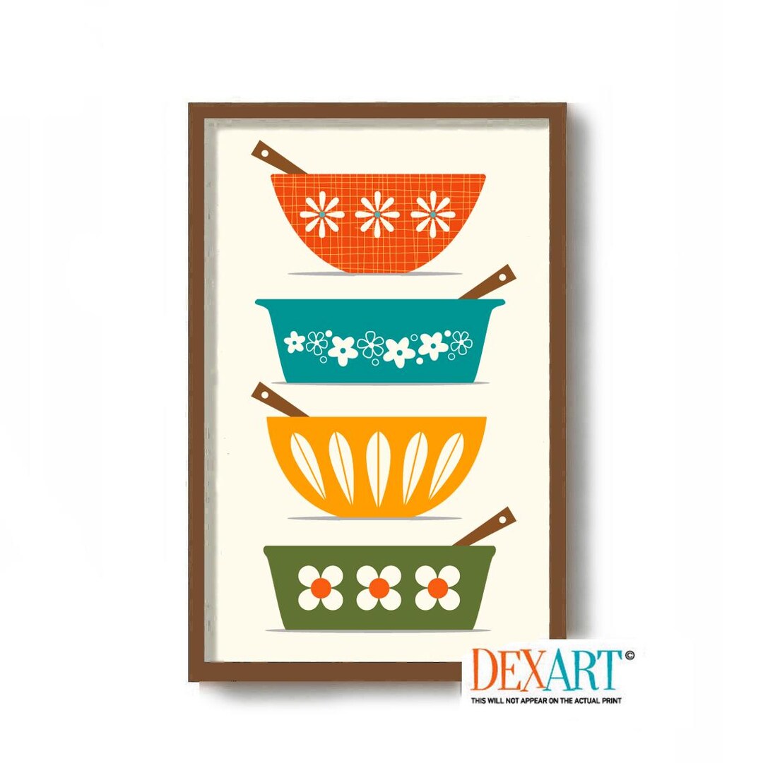 Mid Century Modern Kitchen Wall Art Print, Retro Mixing Bowls ...