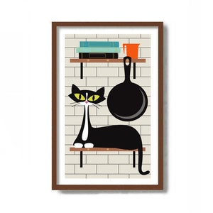 Kitchen Wall Art, Tuxedo Cat Art Print, Mid Century Modern Art, Chef Gift, Loves to Cook, Kitchen Art Print, Black Cat Lover Gift Atomic Cat