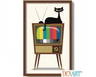 Mid Century Modern Atomic Cat Wall Art Print, Cat Lover Gift, Retro TV Black Cat Art Print, Rabbit Ears, Old Television, Retro Gift Idea