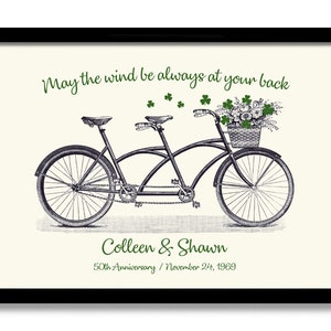 Irish 50th Anniversary Gifts, Shamrock Decor, Personalized Anniversary Gift, Irish Proverb Print, Tandem Bike Wall Art, Irish Blessing Sign