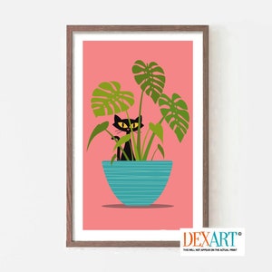 Monstera Plant Cat Art Print, Mid Century Modern Art, Black Cat Lover Gift, Tropical Decor, Minimalist Wall Art, Black Cat Art