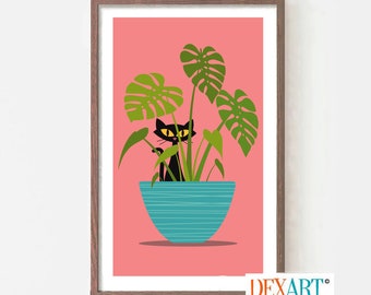 Monstera Plant Cat Art Print, Mid Century Modern Art, Black Cat Lover Gift, Tropical Decor, Minimalist Wall Art, Black Cat Art