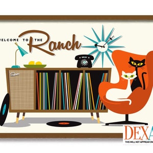 May include: A retro-style illustration of a living room with a record player, a bookshelf full of vinyl records, a clock, a lamp, a phone, and two cats sitting in an orange egg chair. The text "Welcome to the Ranch" is written above the record player.