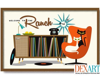 Mid Century Modern Ranch House Wall Art Print, Atomic Cat Gifts, Tuxedo Cat Art Print, Cat Lover Gift Vinyl Record Storage Old Record Player