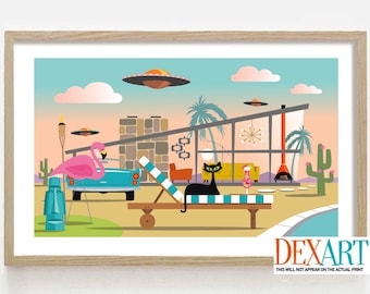 May include: A mid-century modern illustration of a house with a swimming pool, a pink flamingo, a black cat, and a flying saucer. The house has large windows and a patio with lounge chairs. The illustration is in a retro style with bright colors and bold lines.