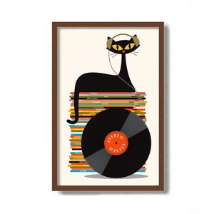 May include: A black cat wearing headphones sits on a stack of colorful vinyl records with the word "STEREO" printed on the record.