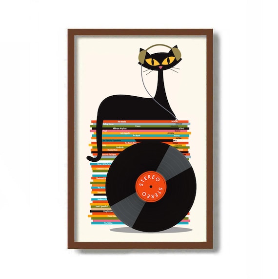 Black Cat Record Art Print, Rock Music Poster, Mid Century Modern Print, Atomic Cat, Vinyl Record Storage, Record Player, Vinyl LP