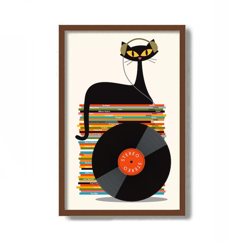 May include: A black cat wearing headphones sits on a stack of colorful vinyl records with the word "STEREO" printed on the record.