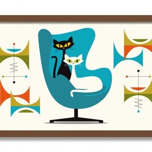 May include: A framed illustration of two cats sitting in a blue egg-shaped chair. The chair has a black base and is surrounded by abstract shapes in orange, green, and blue.