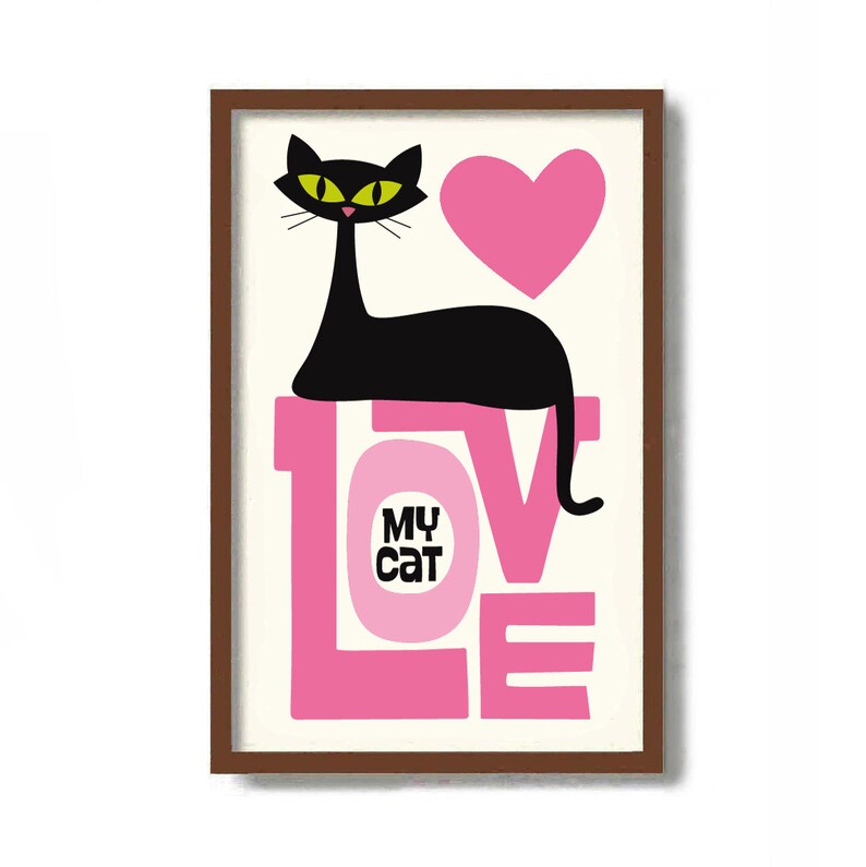 May include: A pink and black graphic print with the word "LOVE" in large pink letters. A black cat with yellow eyes sits on top of the word "LOVE". The words "MY CAT" are inside a pink circle.