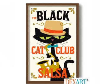 Salsa Dancer Art Print, Black Cat Art, Mid Century Wall Art, Jazz Poster, Latin Music, Cat Gift Idea, Dancer Gift, Salsa Music