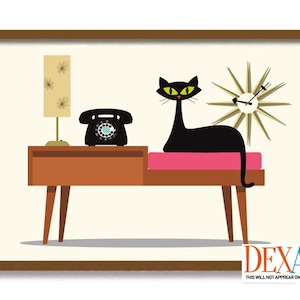 May include: A retro-style illustration of a black cat sitting on a pink cushion on a mid-century modern table with a rotary phone and a lamp. A gold starburst clock is on the wall behind the cat.