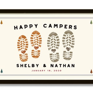 Happy Campers Wedding Gift for Couple, Outdoor Enthusiast, Adventure Awaits, Personalized Art Print, Hiking Backpack, Camping Decor