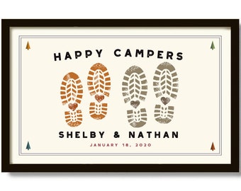 Happy Camper, Outdoor Enthusiast Wedding Gift for Couple, Adventure Awaits, Personalized Art Print, Hiking Backpack, Camping Decor