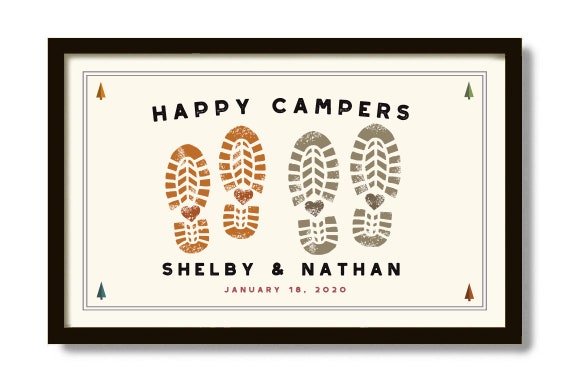 Happy Campers Wedding Gift for Couple, Outdoor Enthusiast, Adventure Awaits, Personalized Art Print, Hiking Backpack, Camping Decor