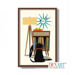 Mid Century Modern Art Print Black Dog Lover Gift, Retro Sideboard, Black Lab, Vinyl Record Storage, Record Player 1950s Labrador Retriever