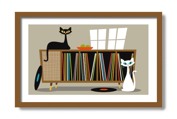 Mid Century Art, Retro Sideboard, Black Cat Art Print, Cat Lover Gift, White Cat Wall Art, Vinyl Record Storage, Old Record Player