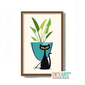 May include: A black cat sits in front of a teal planter with a green plant. The cat has yellow eyes and a white nose.