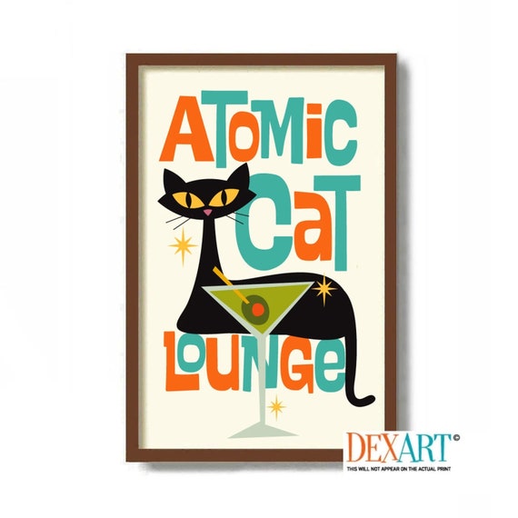 Cocktail Art Print, Atomic Cat Wall Art, Cat Dad Gift, Cat Lover Gift, Dirty Martini, Kitchen Art Print, Mid Century Modern Art, Bar Decor