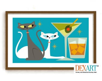 Atomic Cat Art Print, Vintage Cocktail Mid Century Modern, Gray and White Cat, Cocktail Sign, Cat Dad Gift, Cat Lover Gift,  Bar Decor