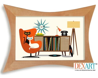Mid Century Modern Cat Art Print, Atomic Cat Gifts, Retro Sideboard, Black Cat Art, Cat Lover Gift Vinyl Record Storage Old Record Player