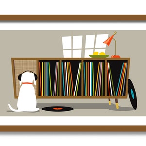 Mid Century Modern Art, Dog Lover Gift, Retro Sideboard, White Dog Art Print, Vinyl Record Storage, Old Record Player, Labrador Retriever