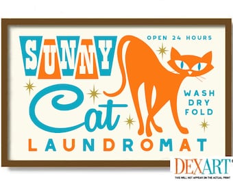 Sun Cat Laundry Room Decor Wall Art, Atomic Cat Mid Century Modern Art Print, Retro Wall Art, Cat Mom, Laundry Sign Washing Machine