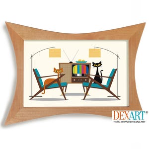 Mid Century Modern Art, Black Cat Art Print, Z Chair, Atomic Cat, Living Room Wall Art, Cat Lover Gift, Retro TV, Danish Modern