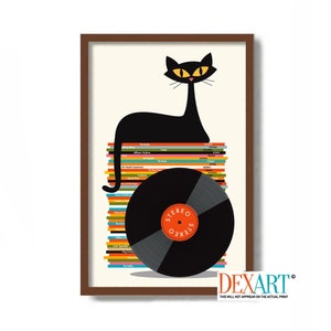 Impression d'art chat noir, affiche de musique rock, impression moderne du milieu du siècle, chat atomique, rangement pour disques vinyles, tourne-disque, LP vinyle cadeau pour amoureux des chats