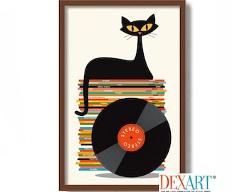 Black Cat Art Print, Rock Music Poster, Mid Century Modern Print, Atomic Cat, Vinyl Record Storage, Record Player, Cat Lover Gift Vinyl LP