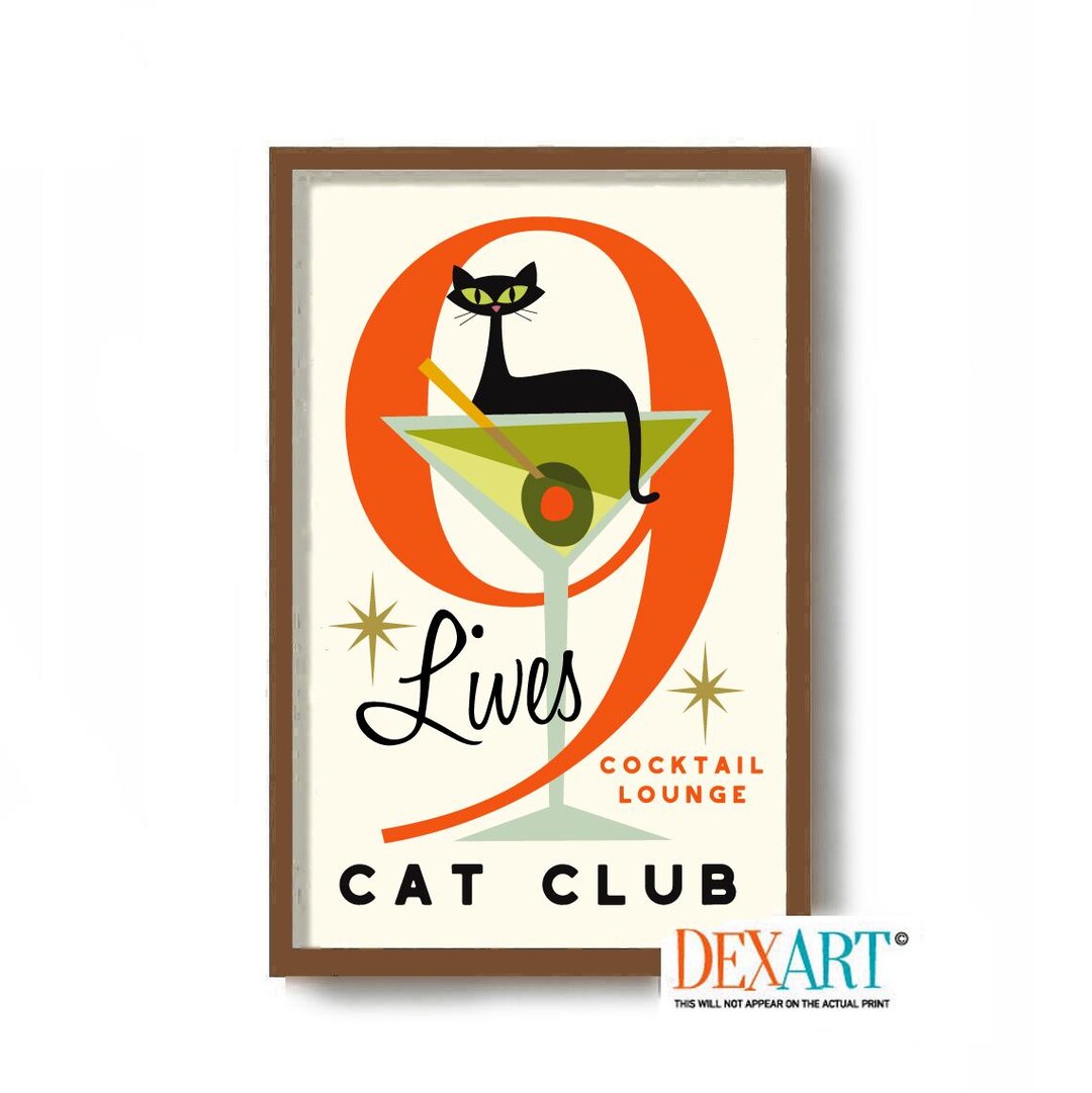 Atomic Cat Art Print, Mid Century Modern Cocktail Bar Wall Art, Nine ...