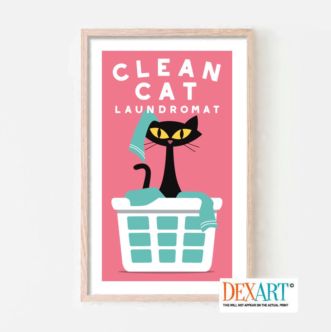 Cat Art Print Laundry Room Decor, Mid Century Modern Wall Art, Laundry