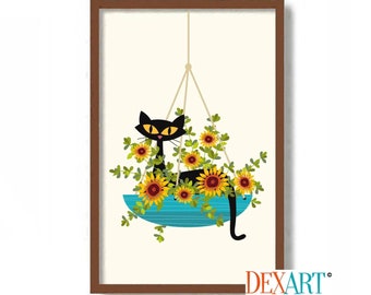 Sunflower Decor, Hanging Flower Basket Planter, Black Cat Art Print, Garden Cat, Gardener Gift, Mid Century Modern Wall Art, Cat Lover Gift