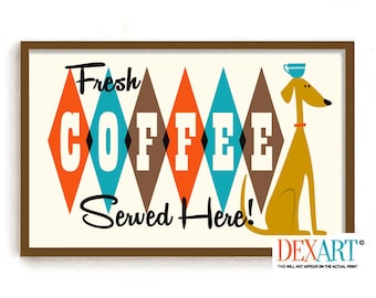 Mid Century Modern Dog and Coffee Kitchen Art Print, Wall Art, Yellow Dog Lover Gift, Coffee Lover, Atomic Cafe Diner Sign Retro Coffee Cup