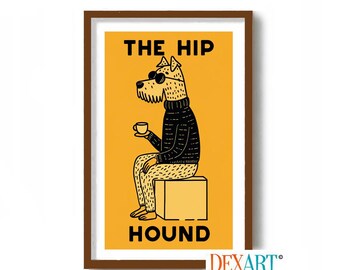 Dog Drinking Coffee Art Print, Dog Wall Art, Atomic Dog Lover, Mid Century Modern, Terrier Dog Gift, Coffee Bar, Hipster Dog