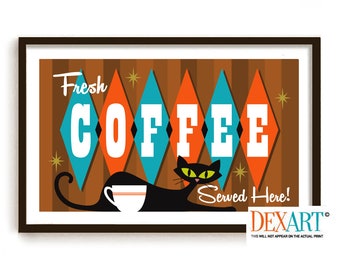 Atomic Cat and Coffee Art Print, Mid Century Modern Kitchen Wall Art, Black Cat Lover Gift, Coffee Lover, Diner Sign Retro Coffee Cup
